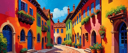 brightly colored buildings with flower boxes and windows on a sunny day