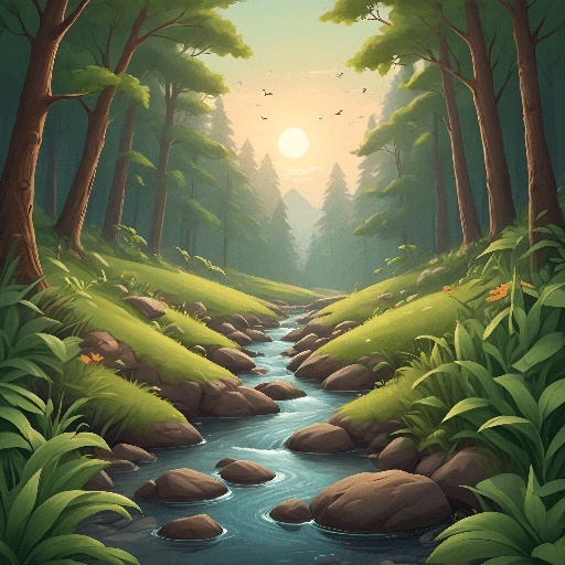 illustration of a river in a forest with rocks and trees