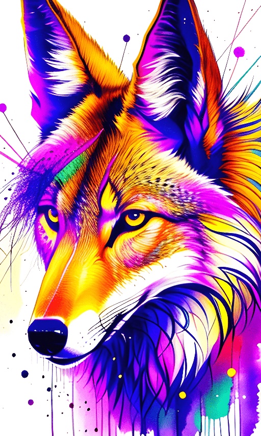 a close up of a colorful wolf with a white background
