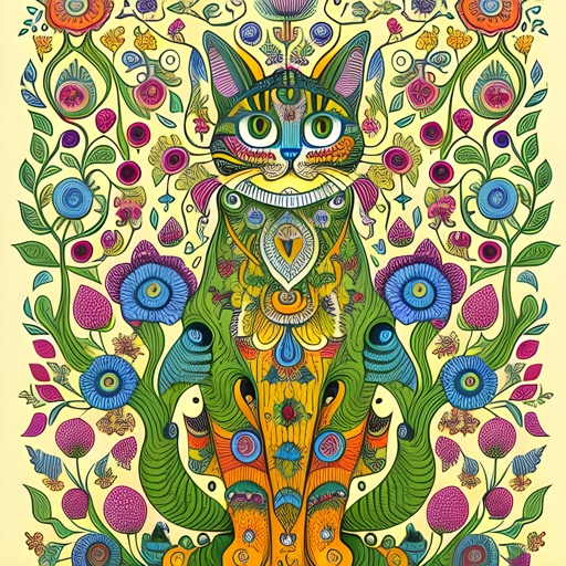 brightly colored cat sitting in a garden of flowers and plants