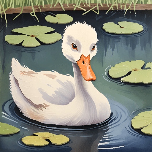 a duck that is floating in the water with lily pads