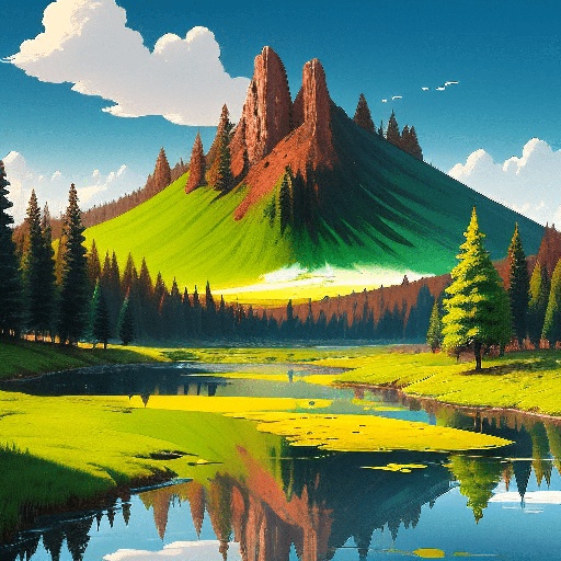 a painting of a mountain with a lake in the foreground