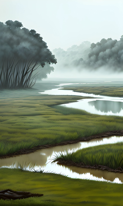 painting of a river with a few trees and grass in the background