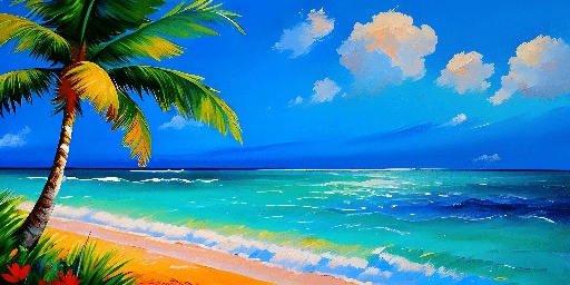 painting of a palm tree on a beach with a blue sky