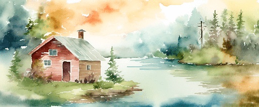 painting of a red house by a lake with a boat in the water