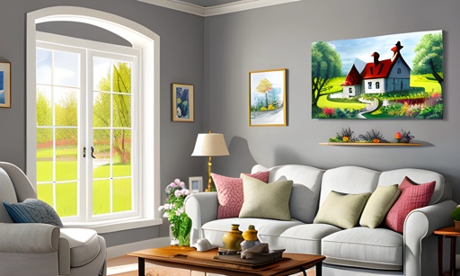 a painting of a house on the wall in the living room
