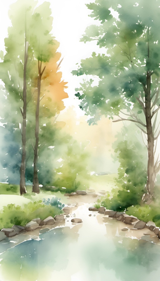 a watercolor painting of a stream in a forest