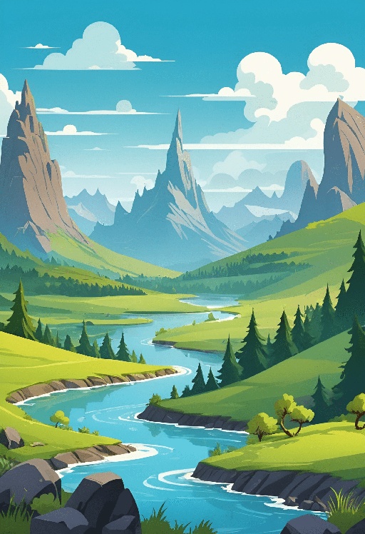 cartoon illustration of a mountain valley with a river and trees