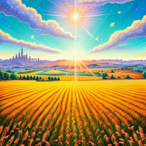 a painting of a field with a sun shining over it