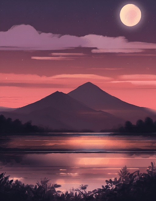 a painting of a mountain with a full moon in the sky