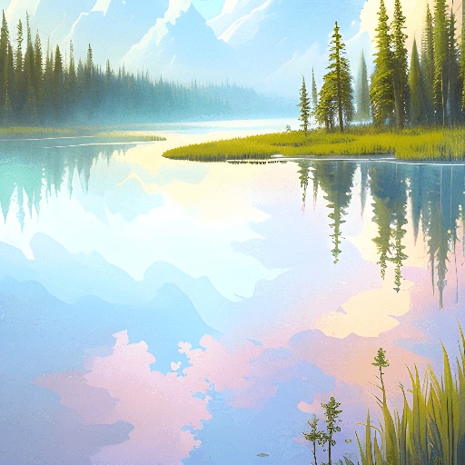 a painting of a lake with a mountain in the background