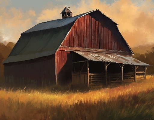 painting of a barn in a field with a sky background