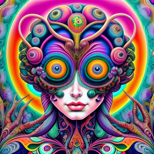 a psychedelic woman with a psychedelic face and colorful eyes