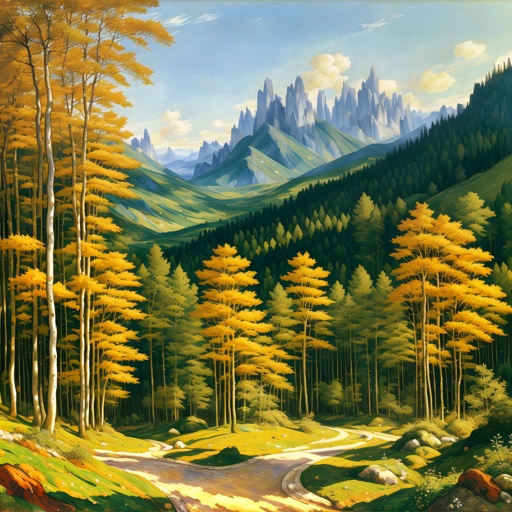painting of a mountain scene with a road and trees