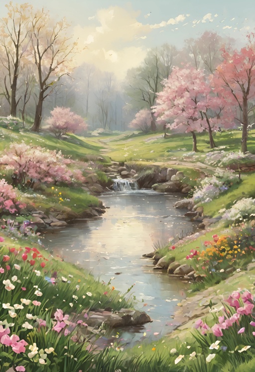painting of a stream running through a lush green forest filled with flowers