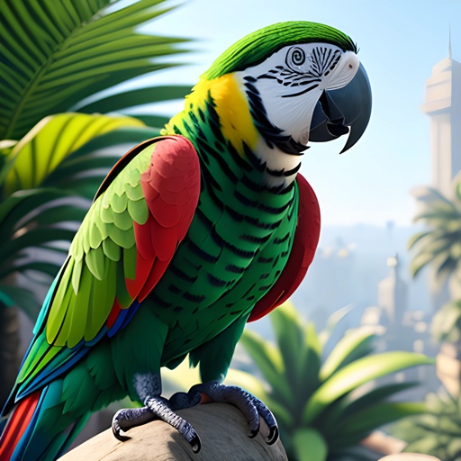 brightly colored parrot perched on a rock in front of a city