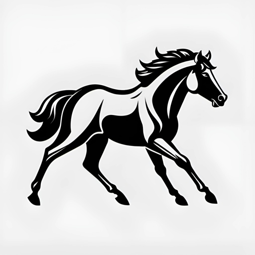 a black and white horse running on a white background