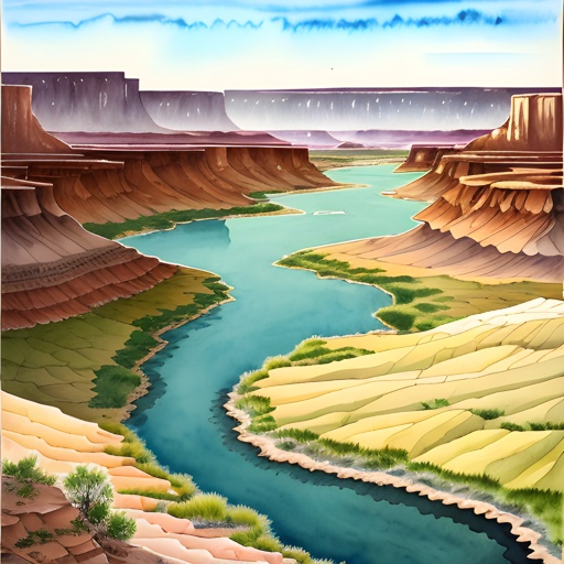 painting of a river running through a valley in a desert