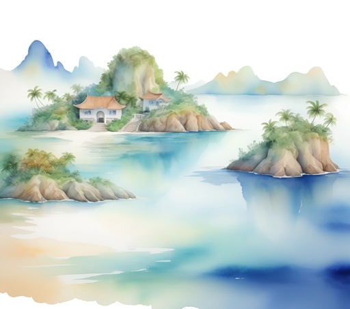 painting of a small island with a house on top of it