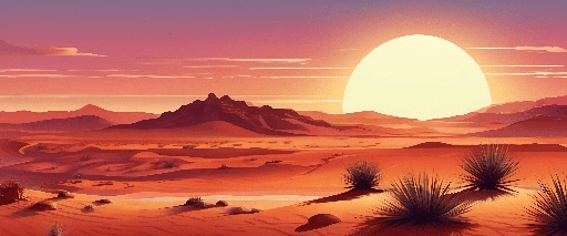 illustration of a desert landscape with a sunset in the background