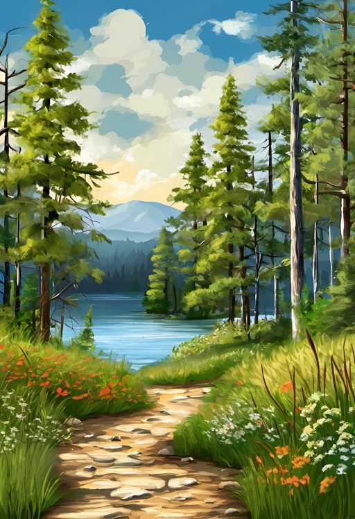 painting of a path leading to a lake in a forest