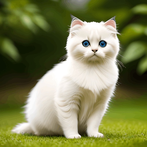 a white cat with blue eyes sitting on the grass