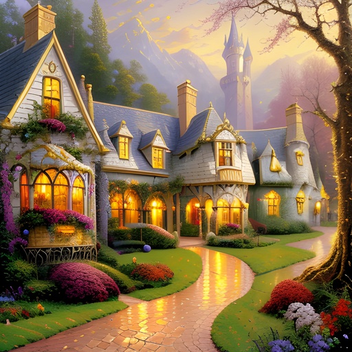 painting of a house with a pathway leading to a castle