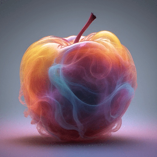 a very colorful apple with a red stem on it