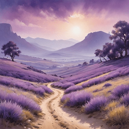 painting of a lavender field with a dirt road leading to a mountain