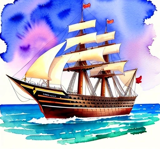 painting of a ship in the ocean with a flag on it