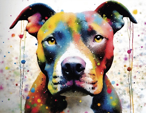 brightly colored dog portrait with splattered paint and splatters