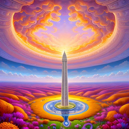 painting of a tall tower in a field of flowers with a sunset in the background