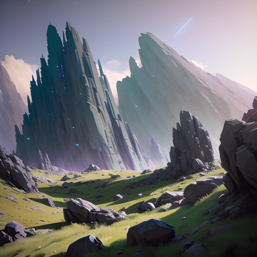 a digital painting of a mountain with rocks and grass