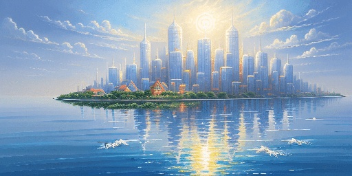 painting of a city on a small island with a sun shining over it