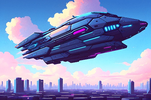 spaceship flying over a city with a futuristic skyline in the background