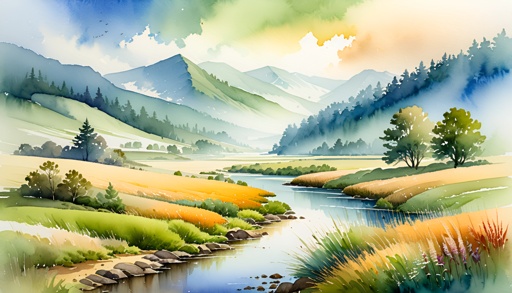 painting of a river running through a lush green valley with mountains in the background