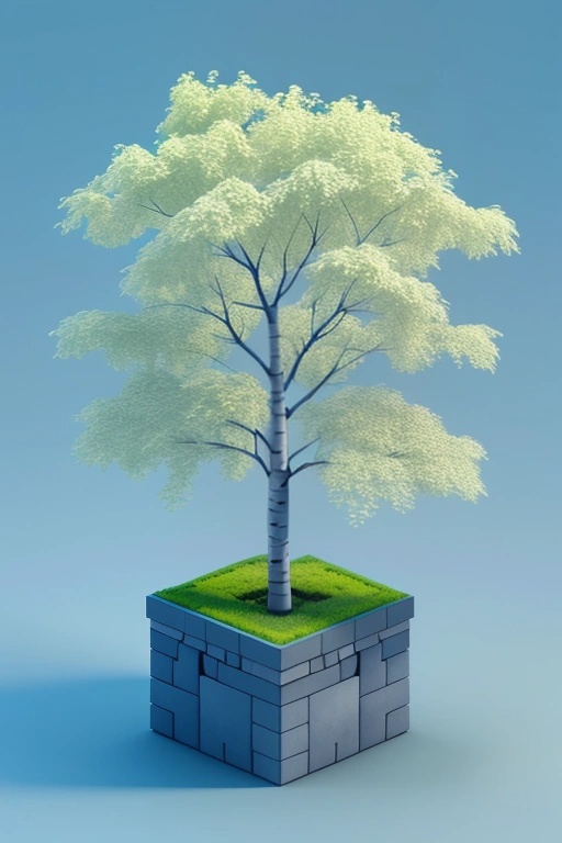 a close up of a tree on a block with grass on top