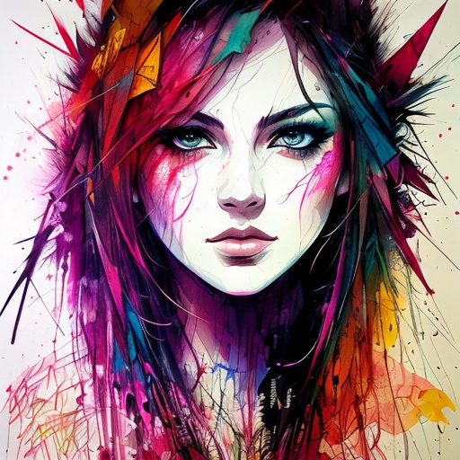 a painting of a woman with colorful hair and a hoodie