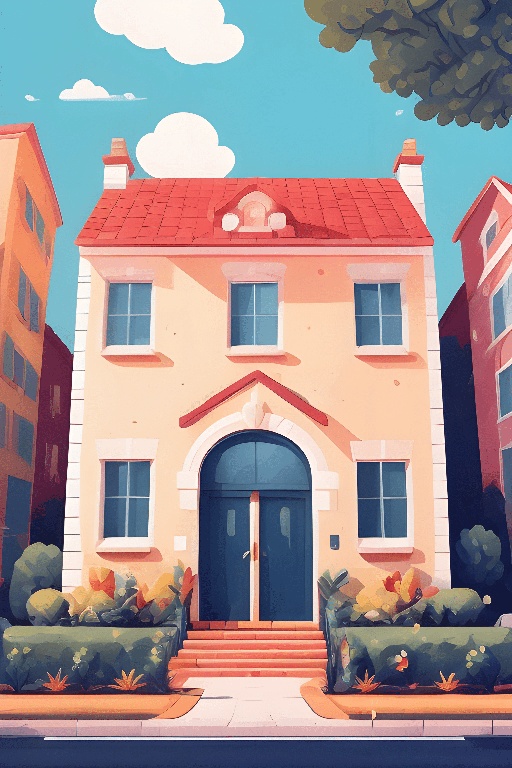 illustration of a cartoon house with a red roof and a blue door