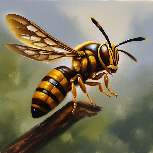 painting of a bee on a branch with a cloudy sky in the background