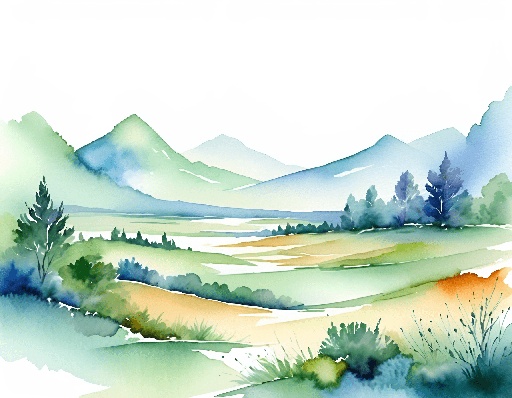 a watercolor painting of a mountain landscape with a river