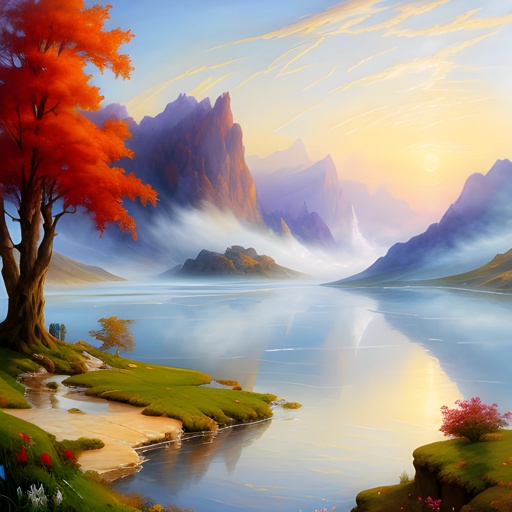 painting of a beautiful mountain lake with a lone tree in the foreground