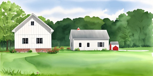 painting of a white house and a red barn in a field