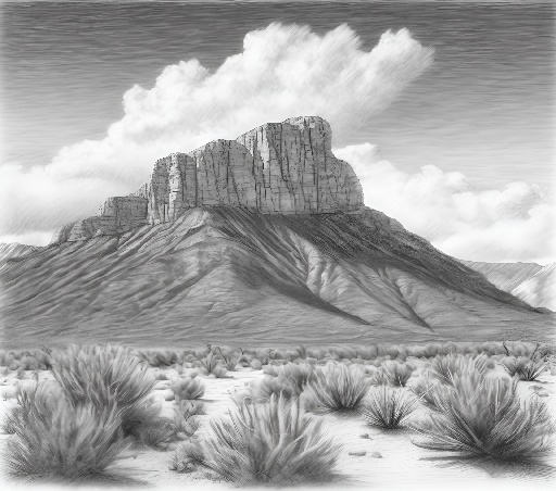 a black and white drawing of a mountain with a cloud in the sky
