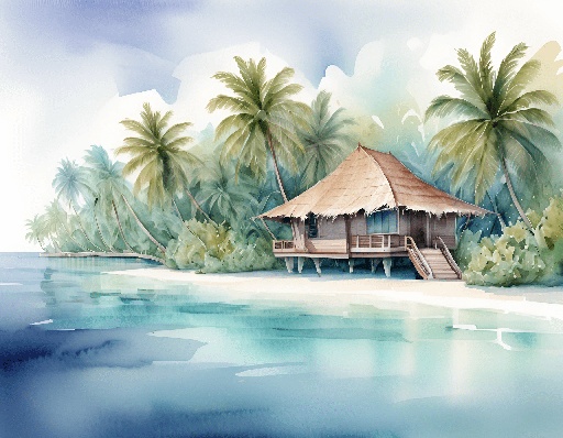 painting of a tropical island with a hut and palm trees