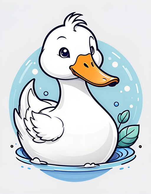 cartoon duck sitting in water with leaves and bubbles
