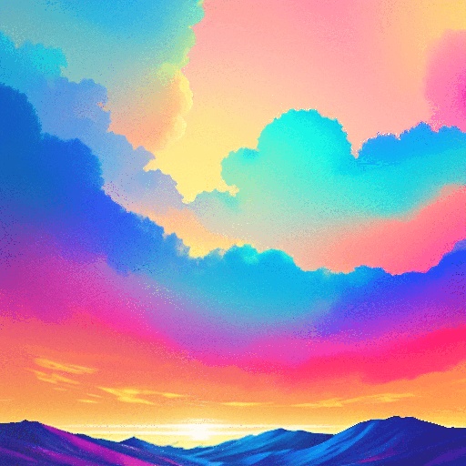 a painting of a sunset with a mountain range in the background