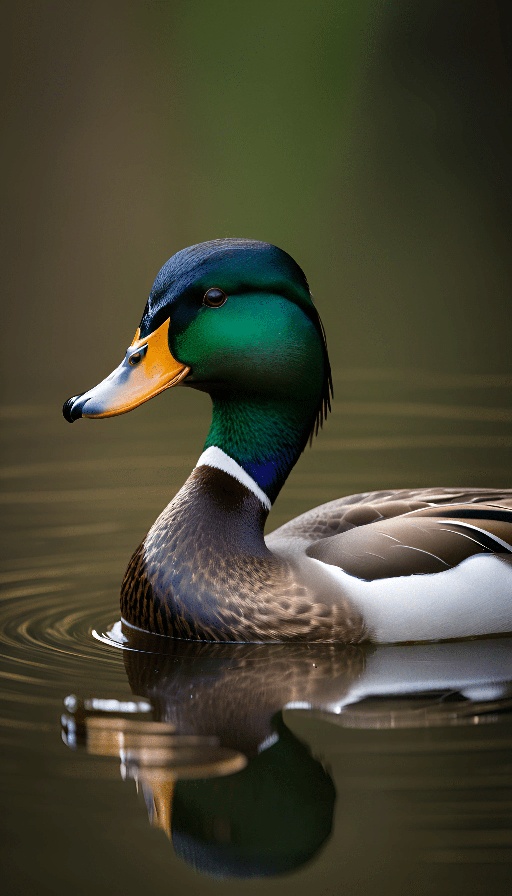 duck with a blue head and yellow beak swimming in a pond