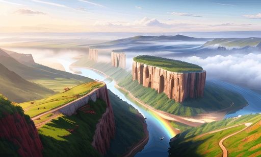 painting of a river running through a valley with a rainbow in the sky