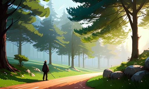 a man walking down a road in the woods